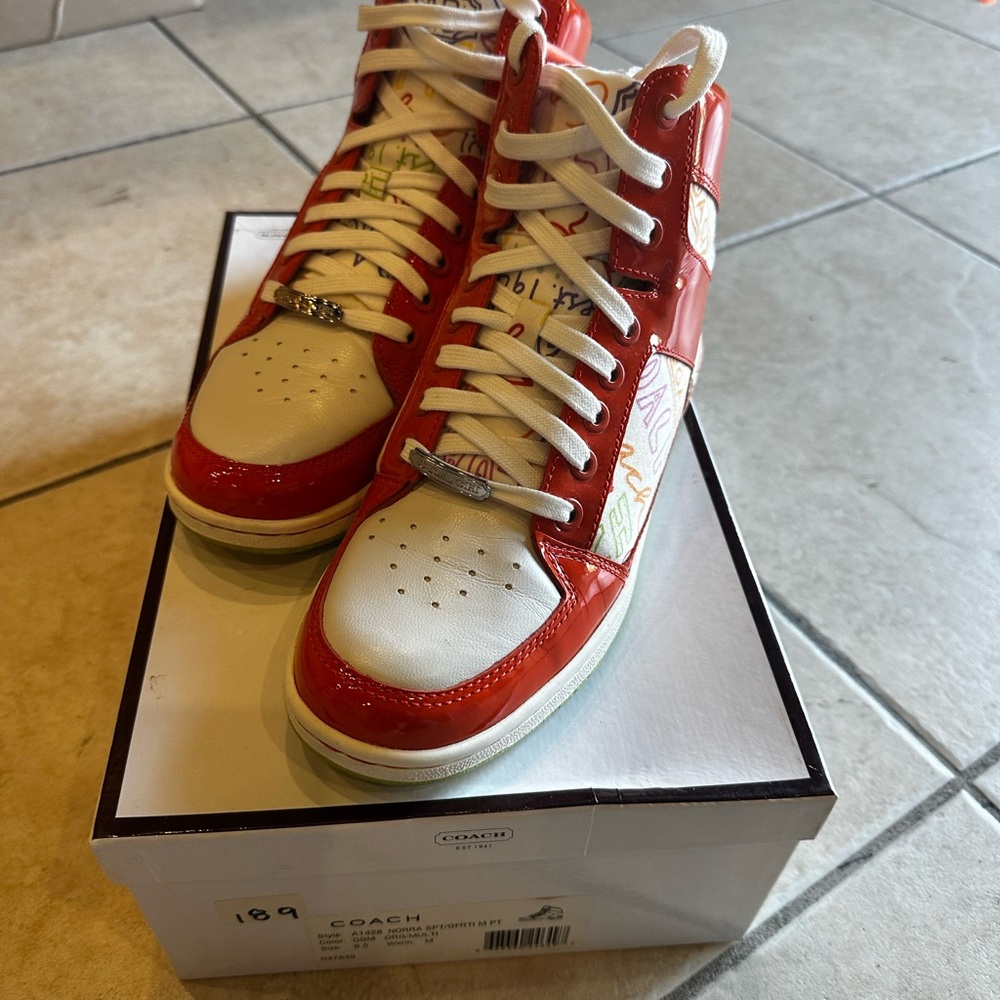 Coach Red and White Sneakers with High-Top Design